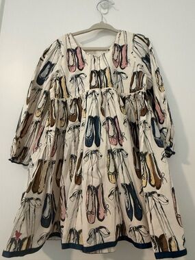 Pink Chicken Cream Dress with Ballet Flat Print in Pink, Navy, Brown, Yellow